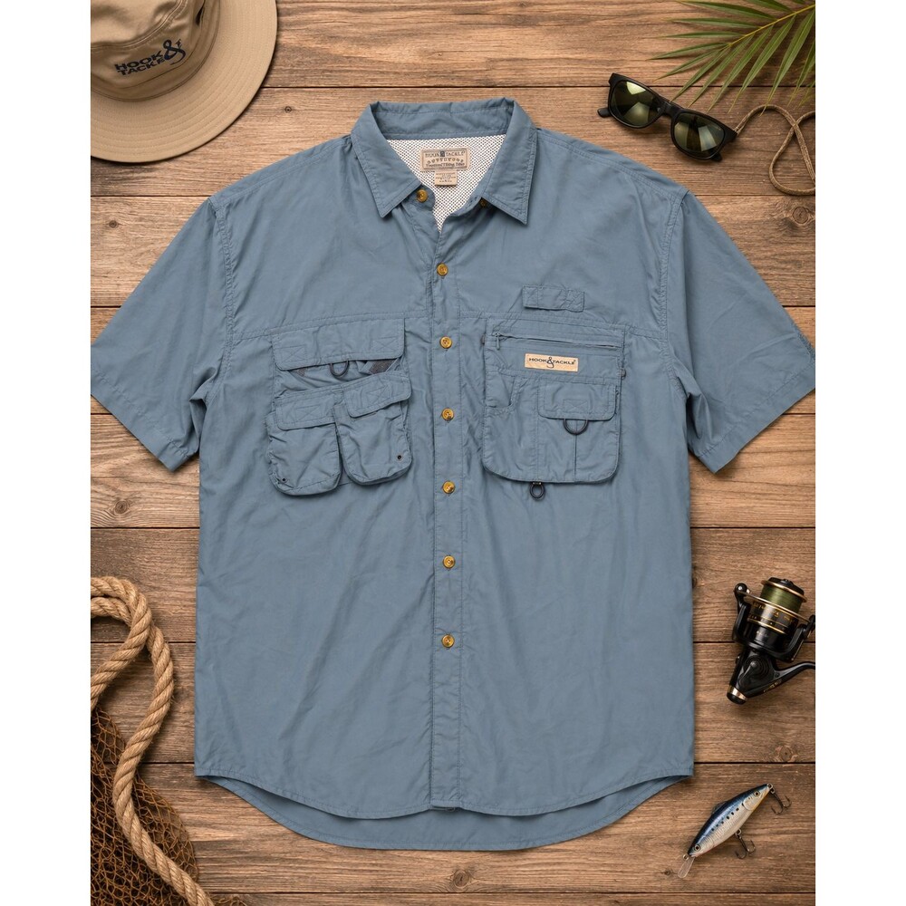 Hook & Tackle Outfitters Fishing Shirt Mens L Blue Nylon Vented Multi Pocket